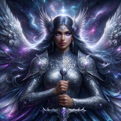 The primary subject of the image is a woman dressed in a silver armor, holding a sword. She is standing in a purple and blue space, which could be a celestial or fantasy setting. The visual style of the image is digital art, as it appears to be a painting or drawing with a digital touch. The colors and mood of the image are predominantly purple and blue, creating a sense of mystery and fantasy.